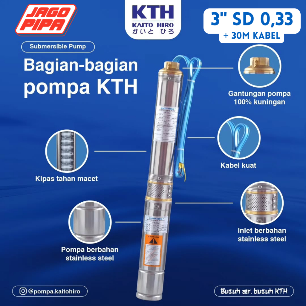 Kaito Hiro Pompa Submersible Casing 3 SD 0,33 2/11 + Kabel 30 Meter Satelit / Celup Pump KTH