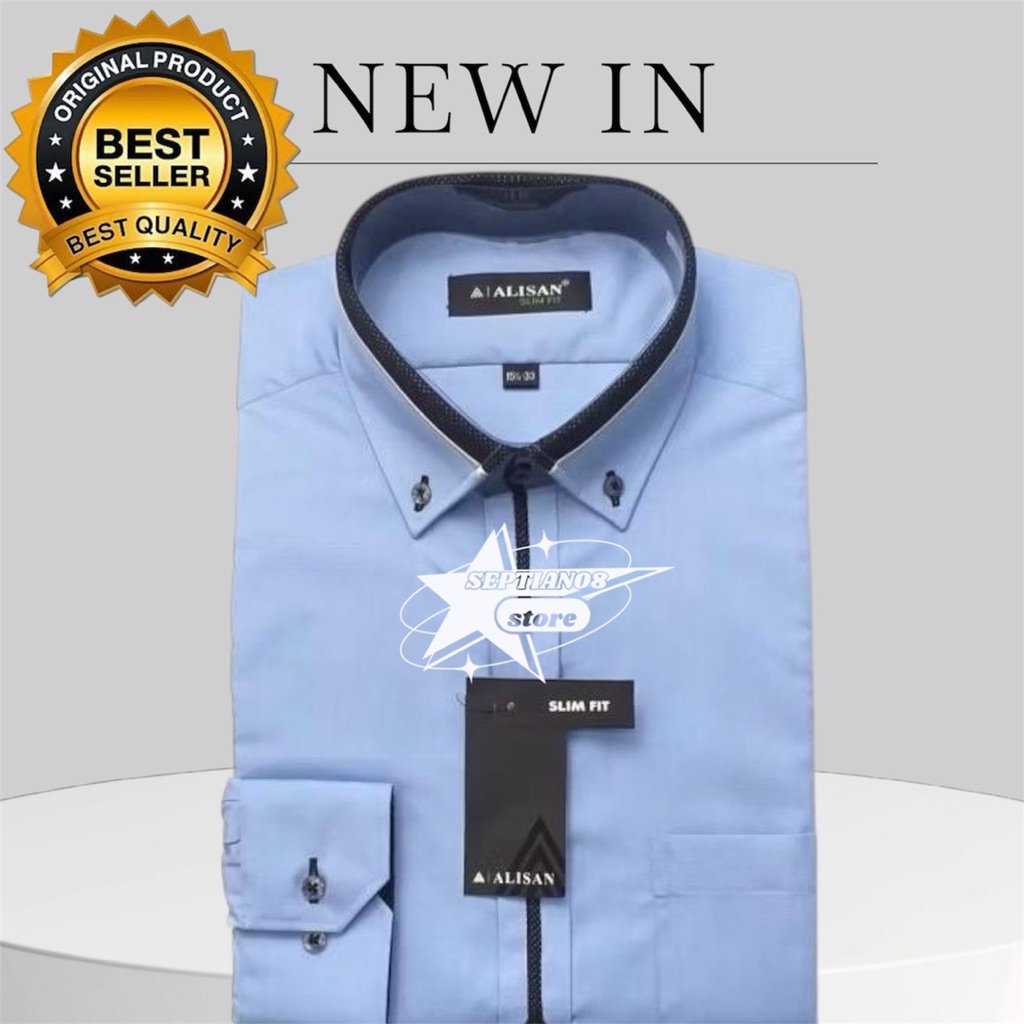(ALISAN) original kemeja alisan lengan panjang slim fit kombinasi list terbaru wana biru -B2