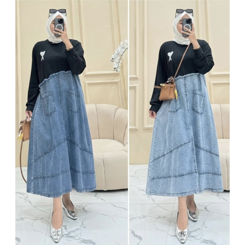MIDI DRESS- ELSEN COD MIDI DRESS JEANS KOMBINASI MIDI JEANS TERBARU MIDI PREMIUM