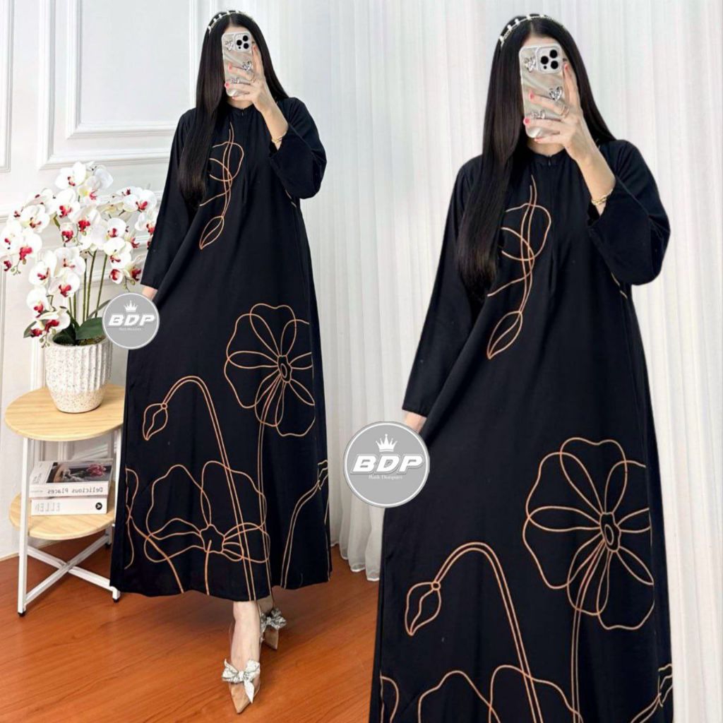 Gamis Rayon Motif Hitam Tebal Premium Adem dan Murah ( busui friendly )