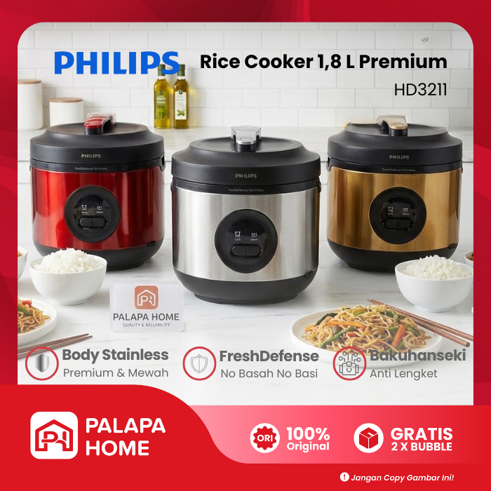 Philips Rice Cooker 1,8 Liter Stainless Steel Mewah Bakuhanseki Pot Tahan Gores Anti Lengket HD3211