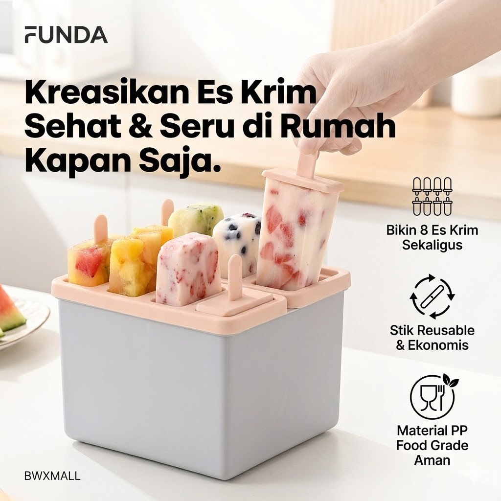 Alat Cetak Es Krim 8 Grid FUNDA Mold Maker Set Stik Plastik Aman Makanan BPA Free DIY Homemade Es Ma