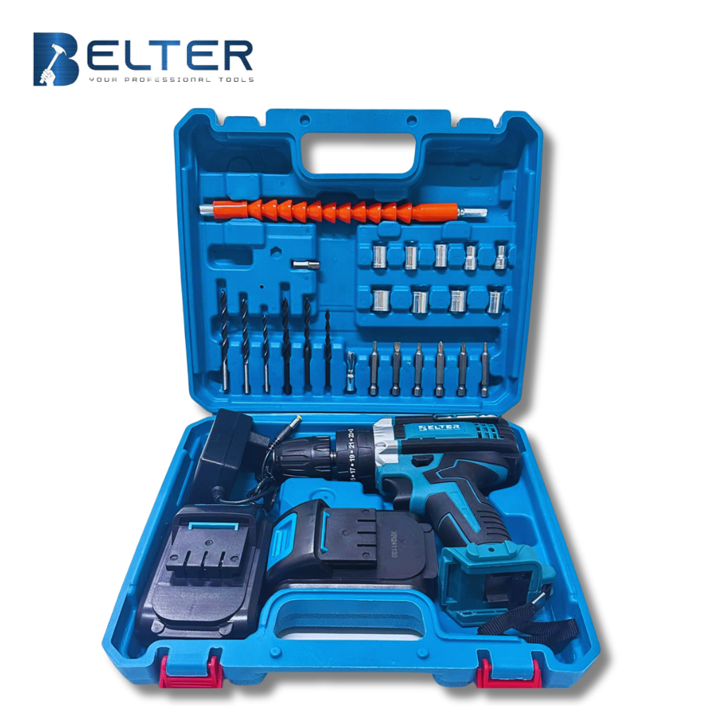 BELTER Mesin Bor Baterai 36 Volt Set Lengkap Bor Tembok Cordless Drill Bor 2 Batre