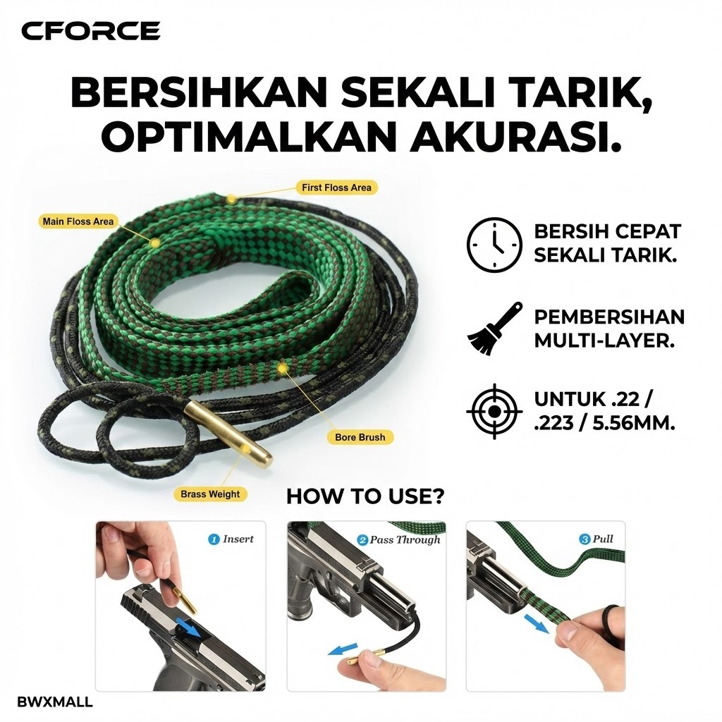 Pembersih Laras Senapan CForce Bore Snake Cleaner .22 Cal 5.56mm .223 Cal Cleaning Kit Tali Sikat Ka