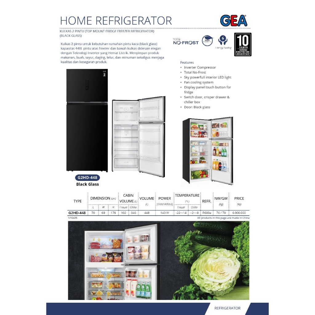 GEA G2HD448 Refrigerator INVERTER 2 Pintu 448 liter G2HD 448 / G2HD448 BLACK INOX / STAINLESS No Fro