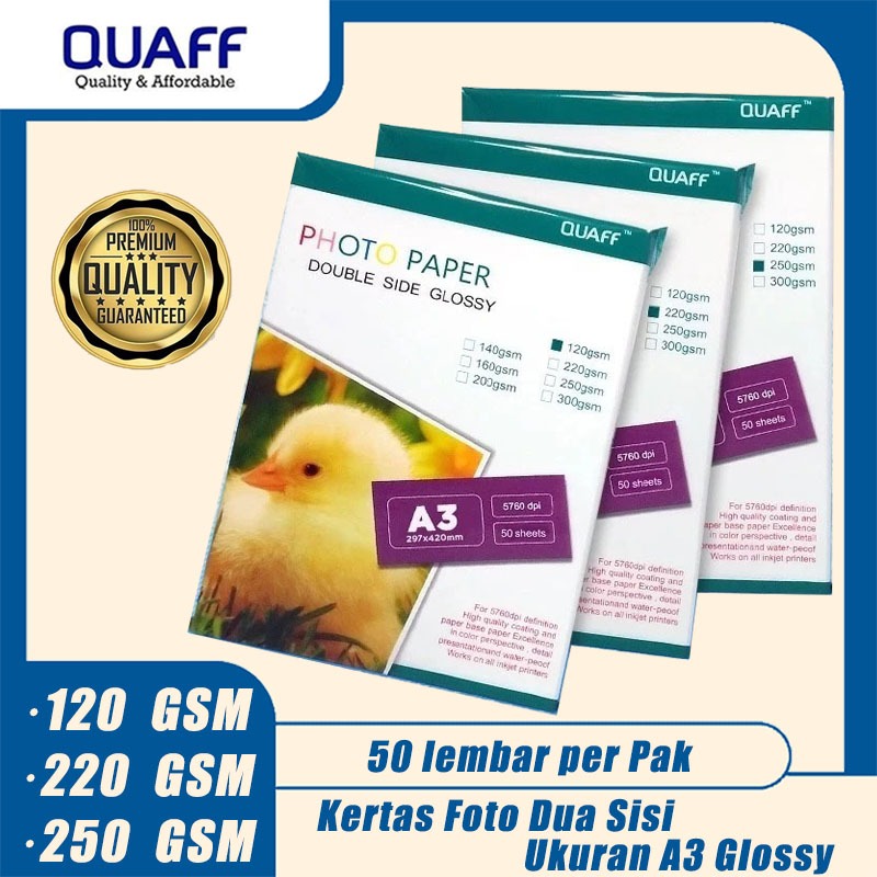 Kertas Foto Double Sided QUAFF Ukuran A3 - Bisa Cetak 2 Sisi, Pilihan Ketebalan 120/220/250gsm