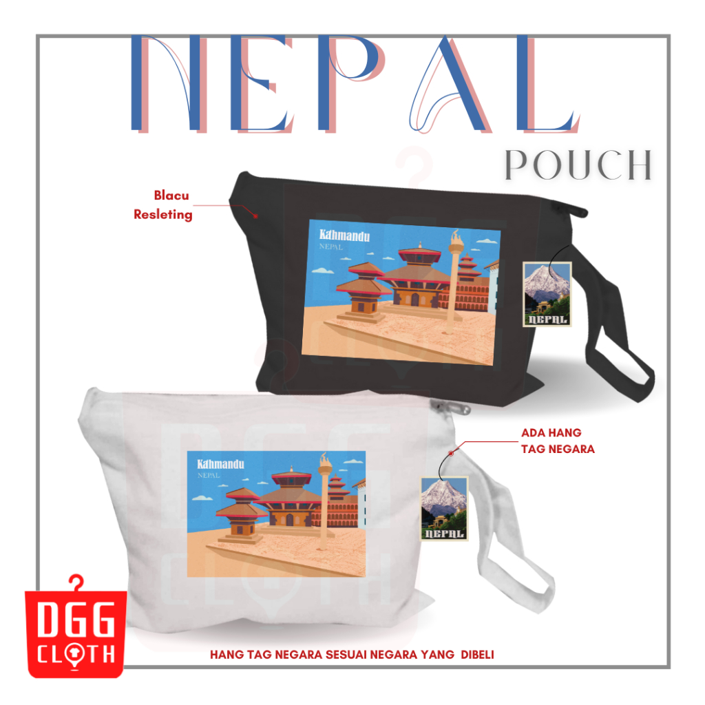 DGGCloth Pouch Souvenir Nepal Sablon Oleh Oleh Nepal Bahan Blacu Premium Dengan Resleting Type 3