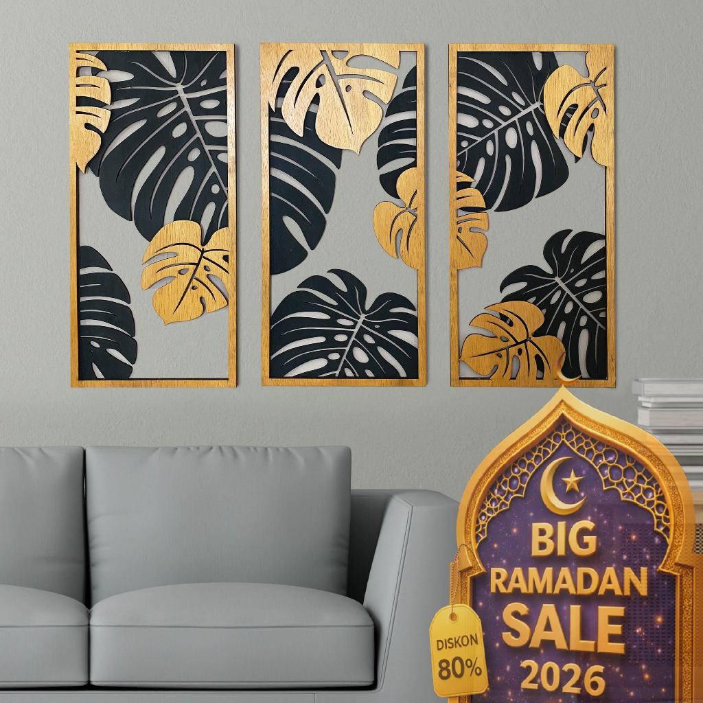 DEKORASI DINDING DAUN AESTHETIC UNIK (3 PANEL) / DEKORASI 3D/ DEKORASI DINDING 2 LAYER