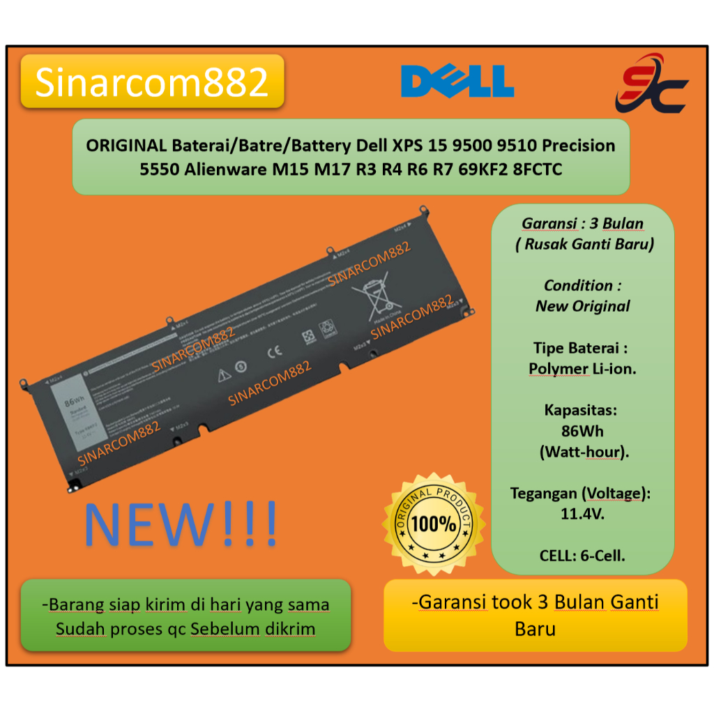 ORIGINAL Baterai/Batre/Battery Dell XPS 15 9500 9510 Precision 5550 Alienware M15 M17 R3 R4 R6 R7 69