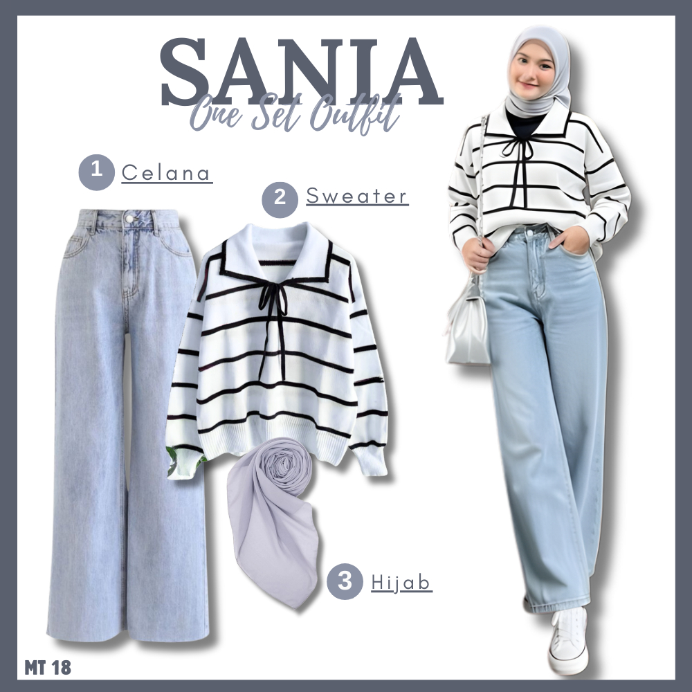 Set Wanita Hijab Kekinian 3in1 ( Kulot Jeans, Sweater Stripe, Hijab Bella Square ) OOTD Hanggout , N