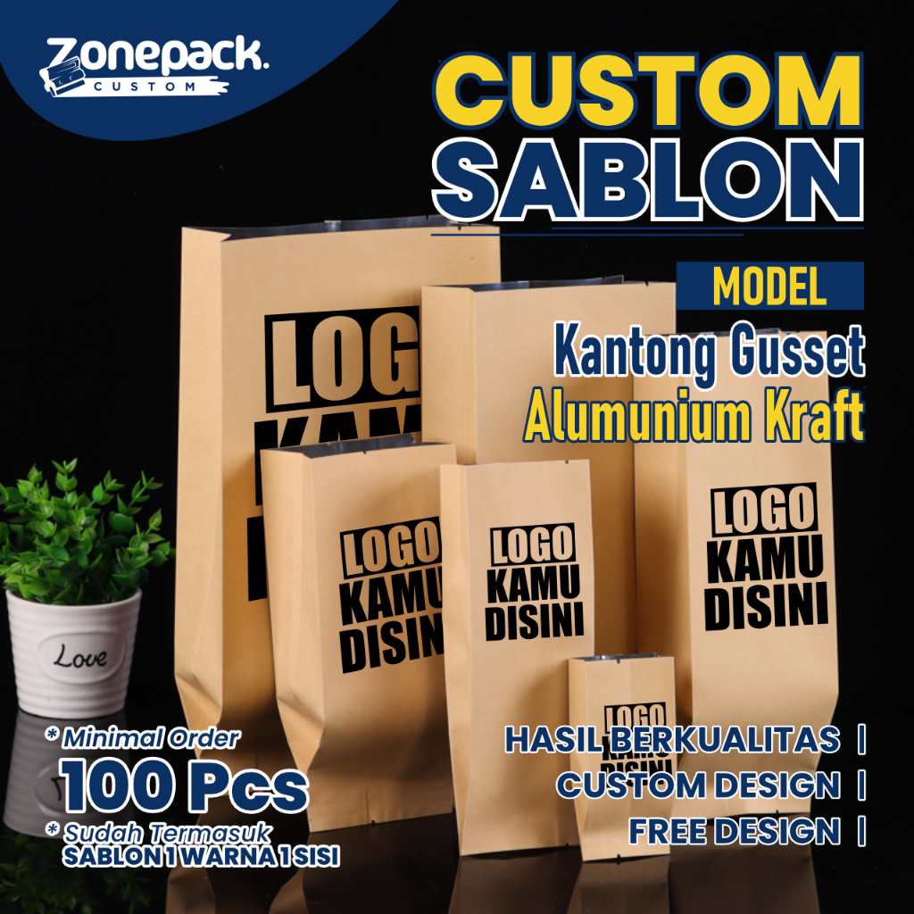 Sablon Plastik Kantong Kraft | Kemasan Kraft Alumunium Bag Gusset | Kemasan Kraft Alumunium Foil | K