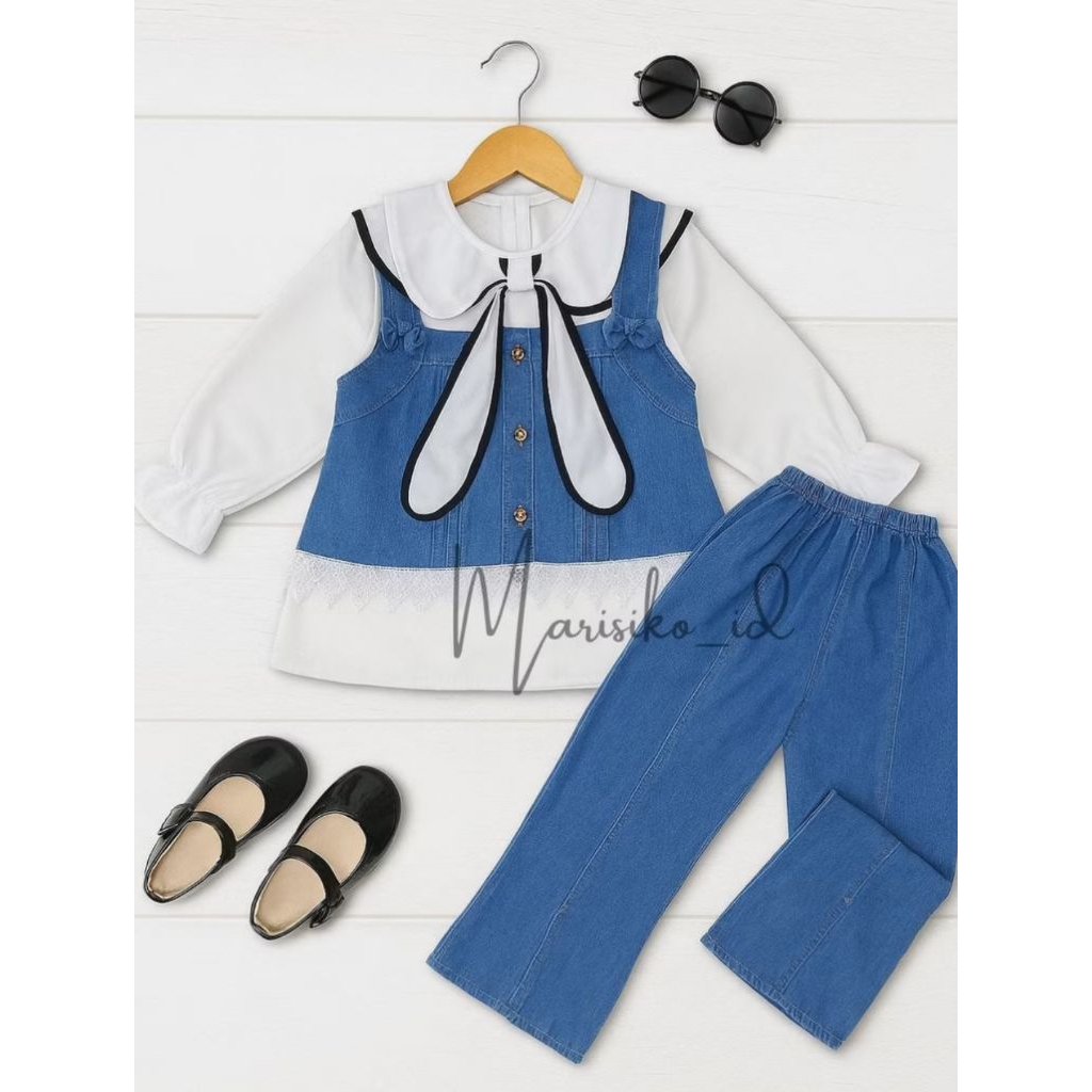 Setelan 3 in 1 anak perempuan bahan levis motif rompi baju bahan katun polimicro usia 3-12 tahun