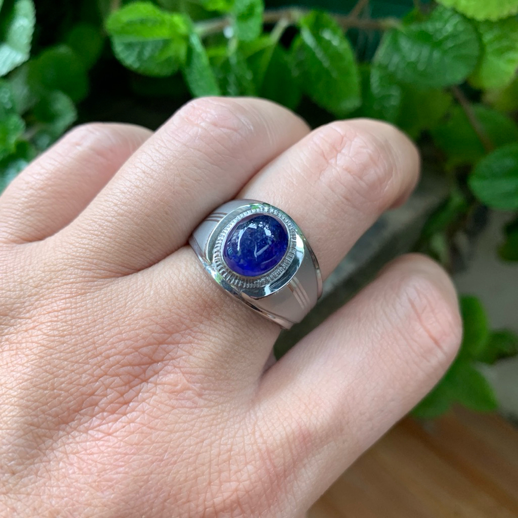 Cincin Batu Natural Royal Blue Sapphire Cabochon Safir Biru Memo Ring Monel Doff Handmade Size 9