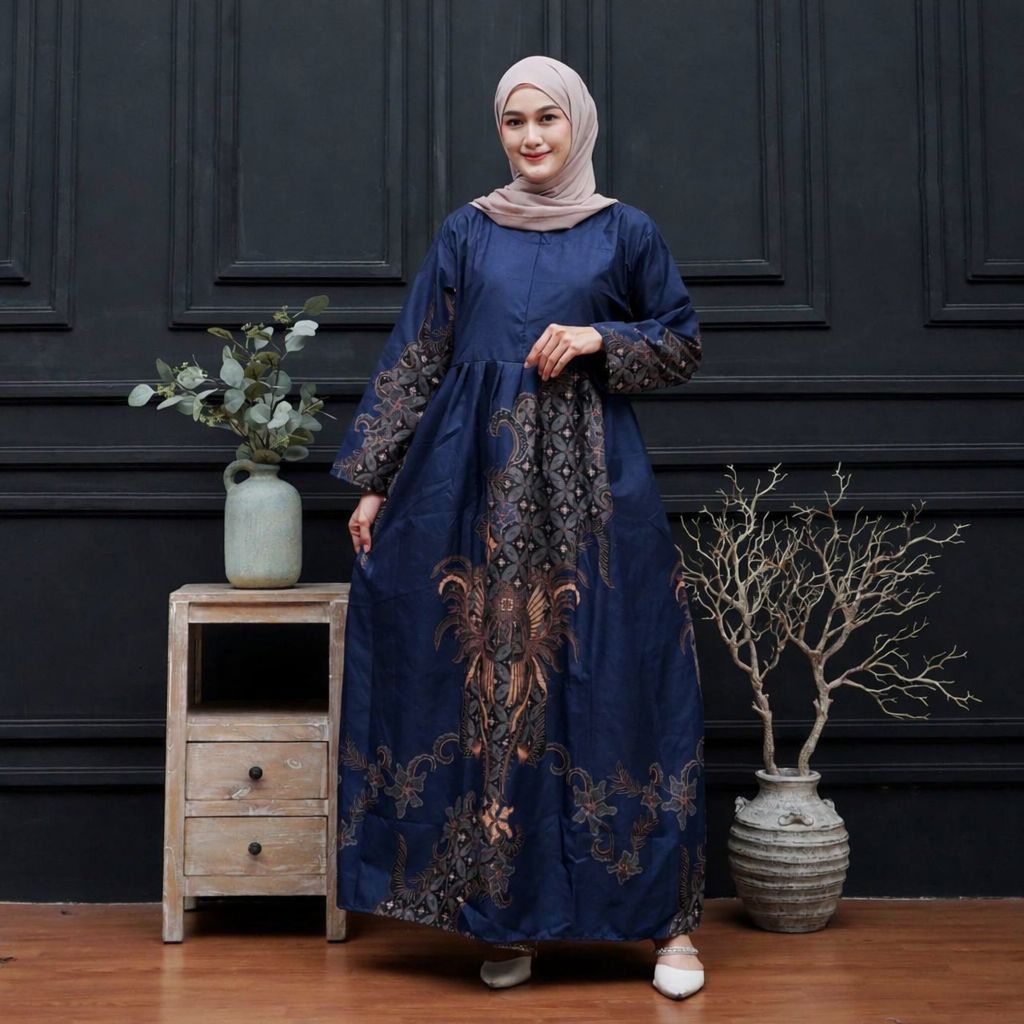 Gamis Wanita Batik Biru Navy Premium Dress Muslimah Kekinian Bahan Adem Gamis Lebaran