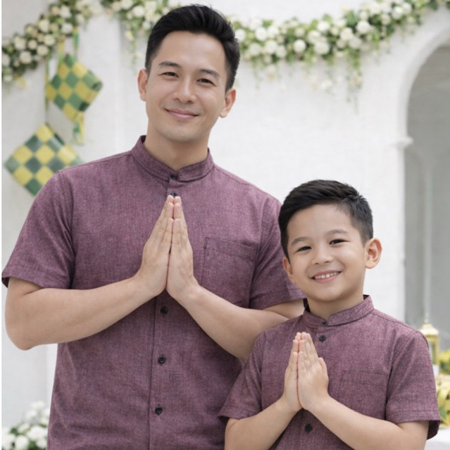 KARL&EARL Couple Papa Anak Kemeja Kerah Koko Lengan Pendek Toyobo Warna Mustard Hijau Ungu