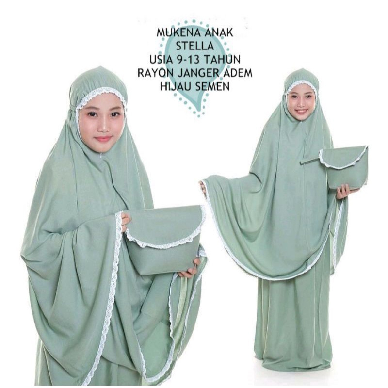 Mukena Cantik Hijau Wardah Polos Anak Tanggung Katun Rayon Janger Super Premium Adem Free Tas - Nawa