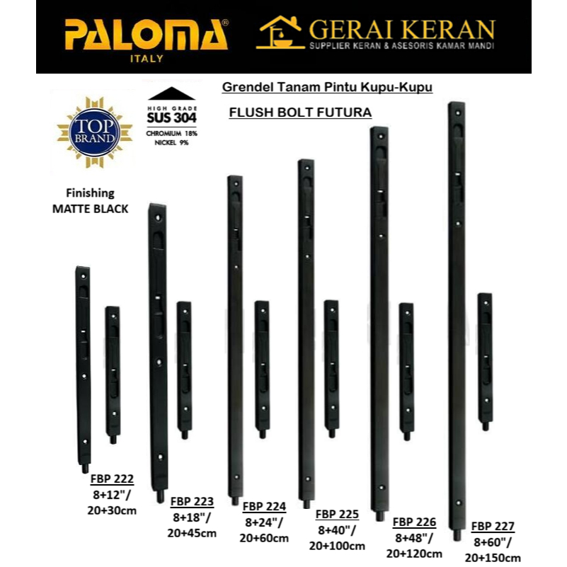 PALOMA FBP 222 223 224 225 226 227 Flush Bolt Futura Black Grendel Selot Tanam Pintu Kupu kkupu Taru