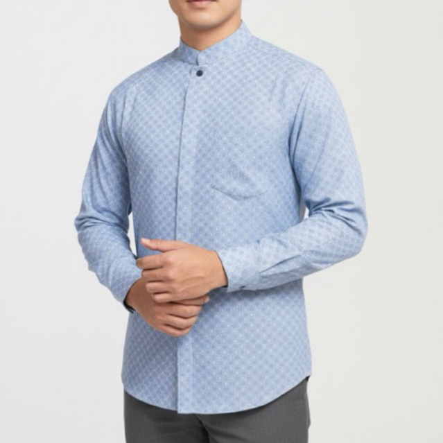 Baju Koko Muslim Kemeja Batik Pria Lengan Panjang Slim Fit Furing ICE BLUE BIRU LANGIT Hem Lebaran