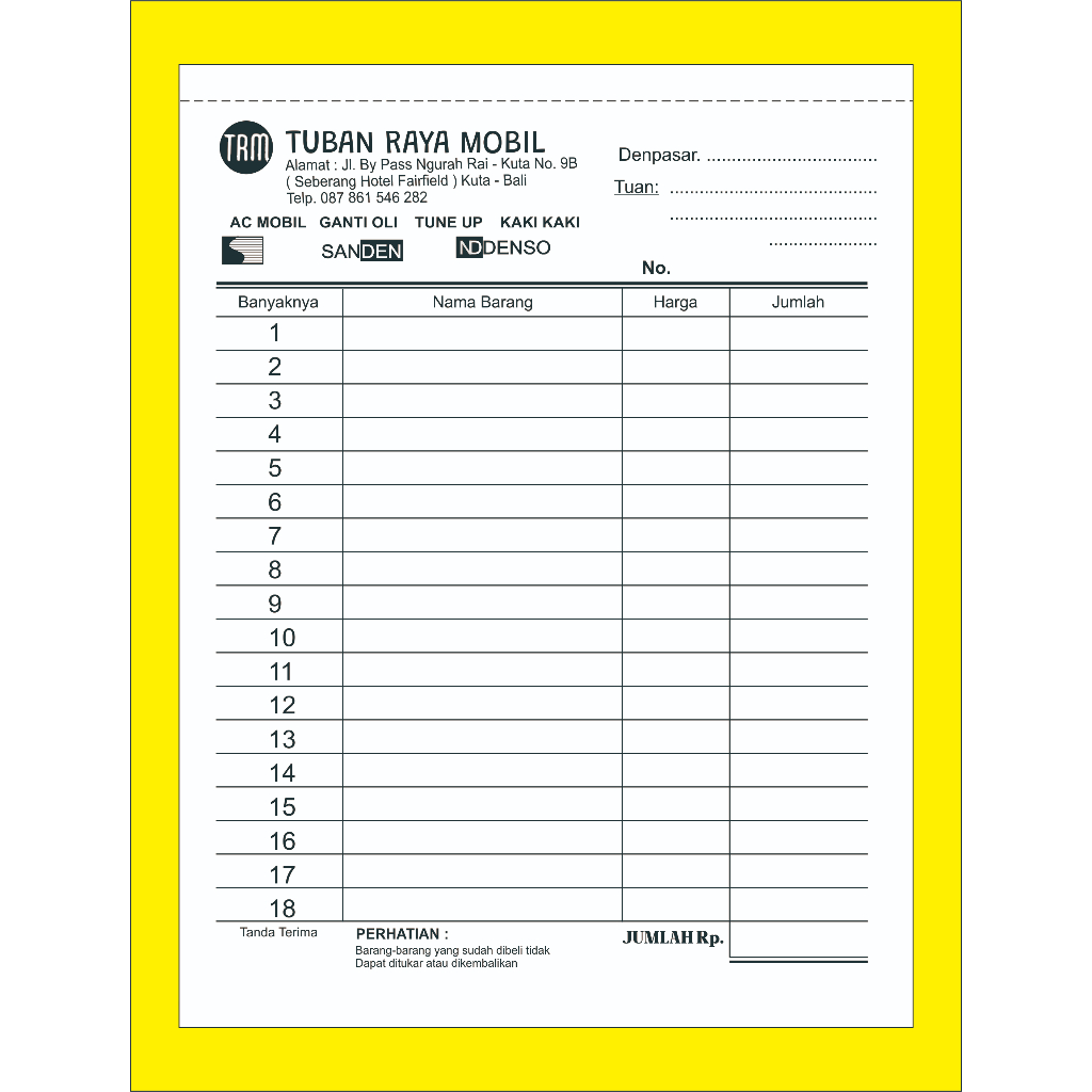 NOTA BENGKEL CUSTOM 1 RIM 2 RANGKAP