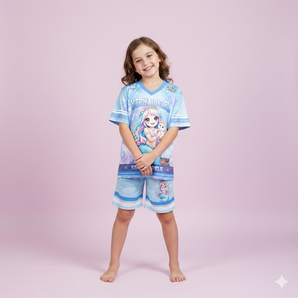 Setelan Baju Anak Perempuan Mermaid Girl - Kaos & Celana Pendek Anak Cewek Karakter Anime Lucu - Bah