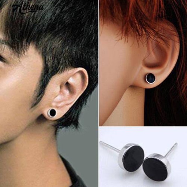 sepasang anting tindik hitam list putih 8mm anting pria wanita fashion terbaru