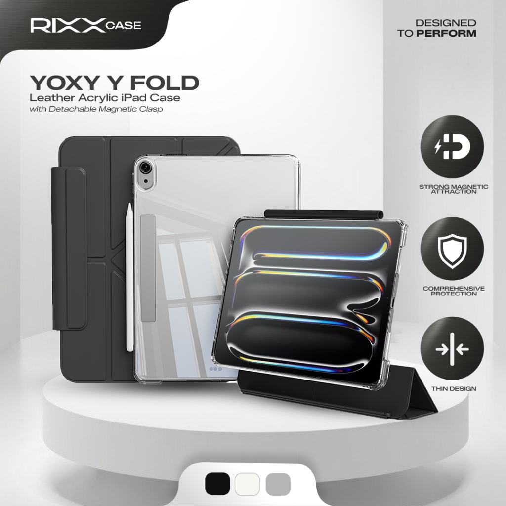 RIXXCase YOXY Y Fold Leather Acrylic iPad Case with Detachable Magnetic Clasp Hybrid Case Compatible