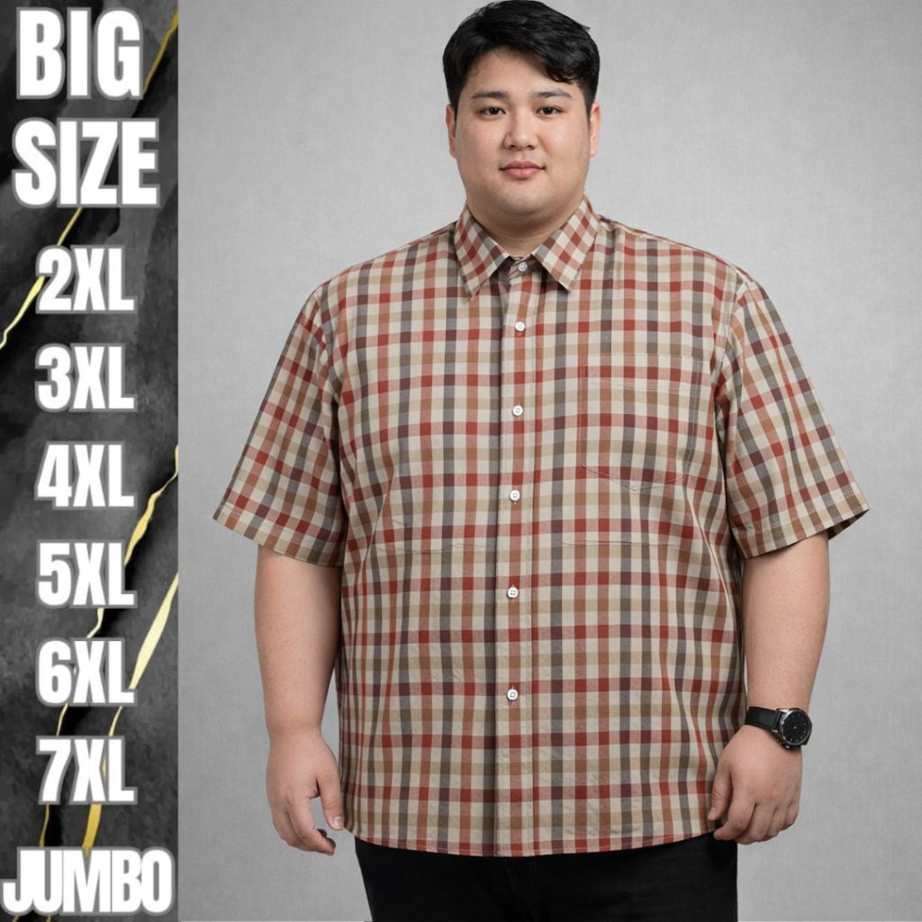 Kemeja Pria Jumbo Lengan Pendek Motif Kotak Kotak Bahan Katun Premium