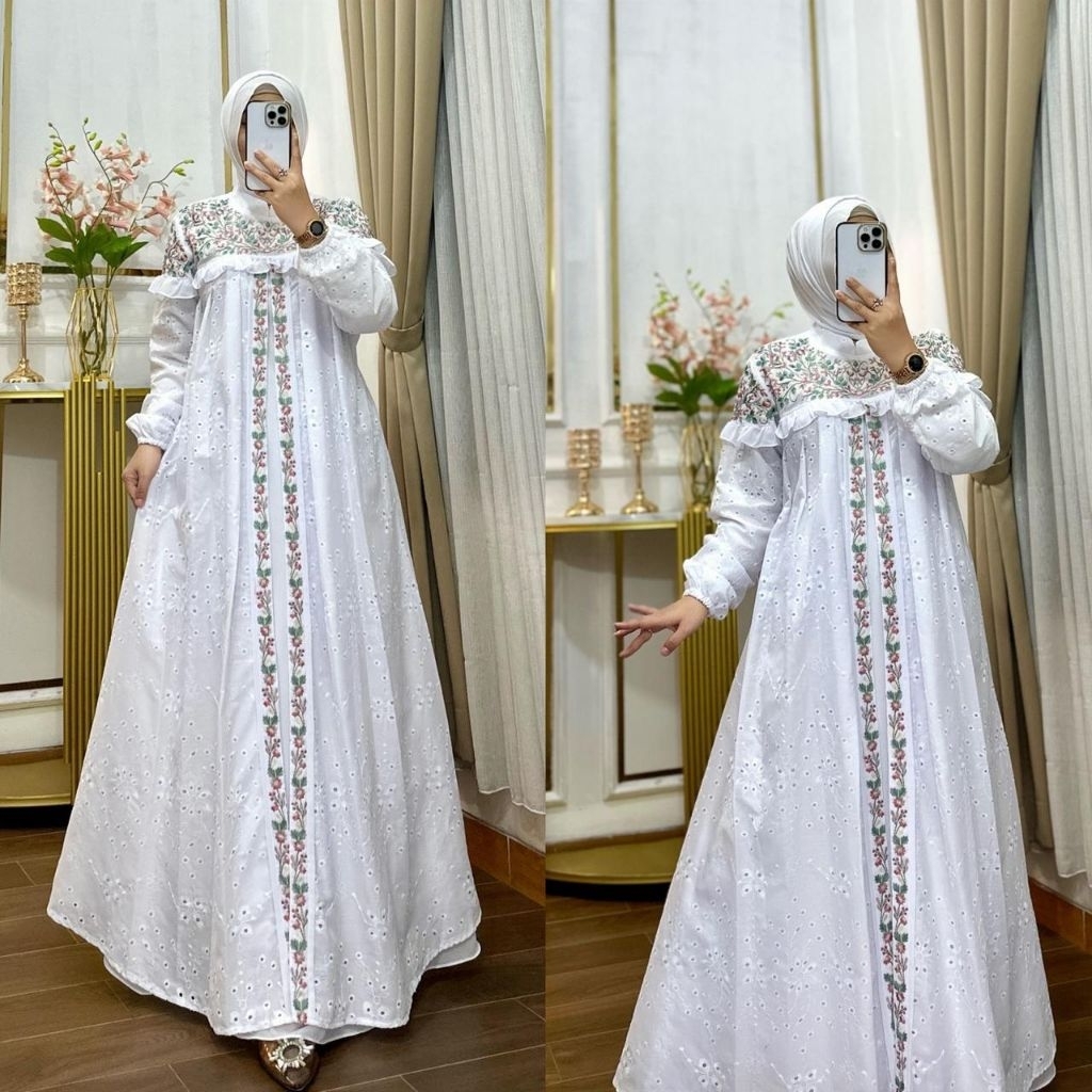 Gamis NASSYA- Gamis Katbol Premium Kombinasi Seruti Gamis Putih Bordir Bunga