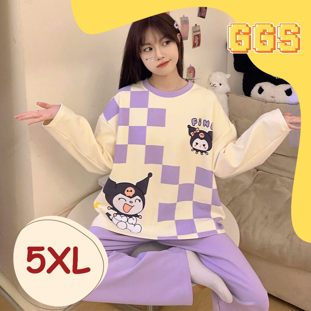 GGS Baju Tidur Jumbo 5XL Wanita Set Dewasa Bahan Katun Adem Lengan Panjang Celana Panjang Piyama Set