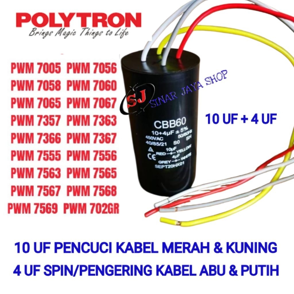 Kapasitor / Capasitor Mesin Cuci POLYTRON 2 Tabung 4uf + 10uf Kapasitas 7kg - 9,5kg