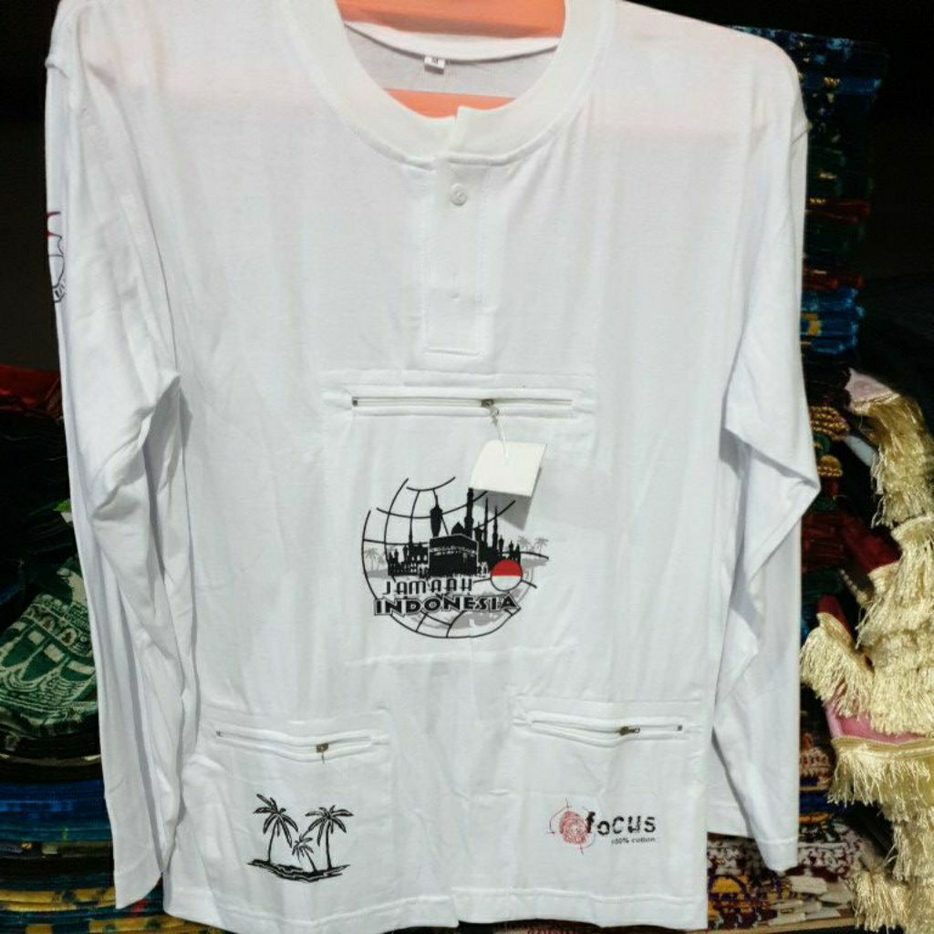 Kaos Oblong Pria Lengan Panjang Sablon Haji Indonesia Saku 3 Kancing depan