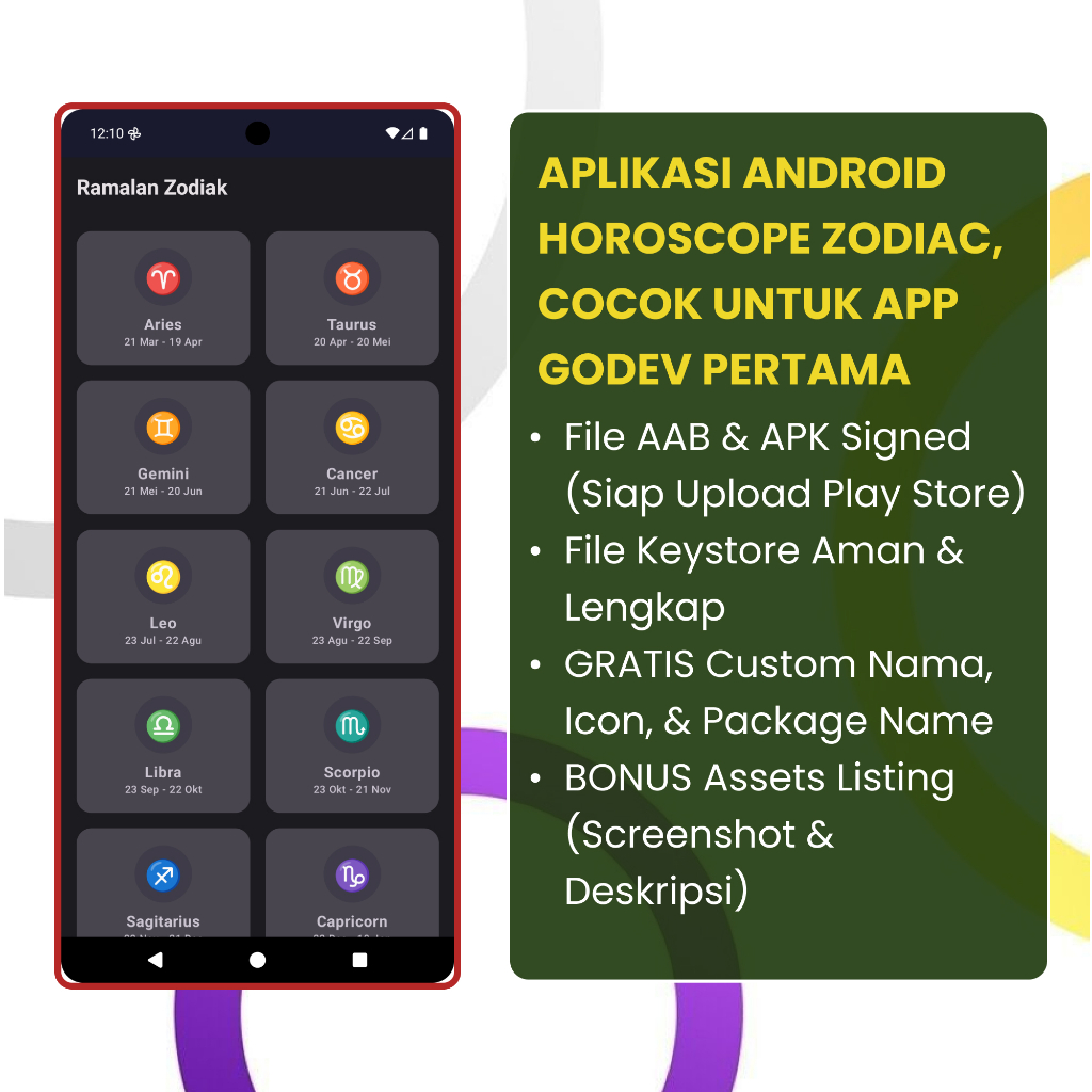 Aplikasi Zodiak Horoscope Android AAB APK Siap Publish - Custom Nama & Icon + Keystore. Fitur Jodoh 