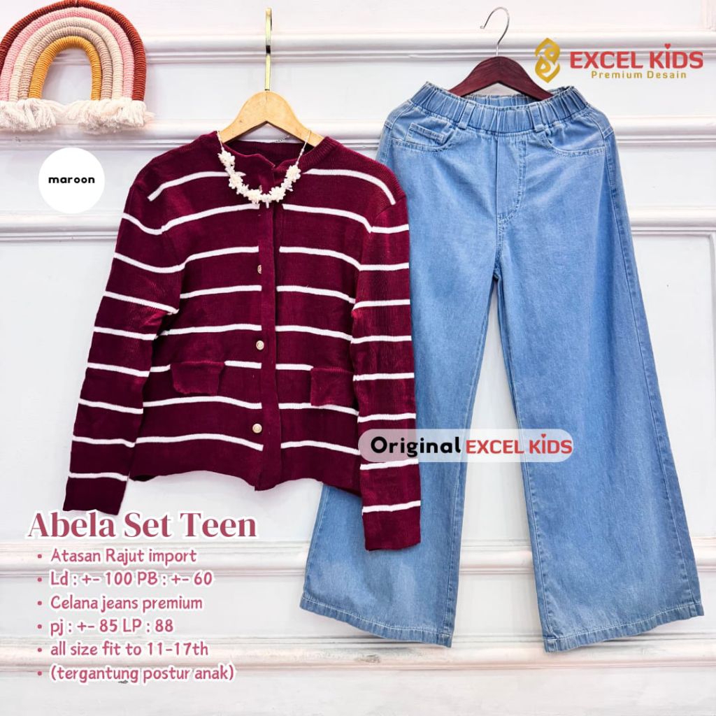 SETELAN ANAK PEREMPUAN ABELA SET TEEN KIDS BAHN RAJUT PREMIUM SET CELANA JEANS PREMIUM USIA 11-17 TA