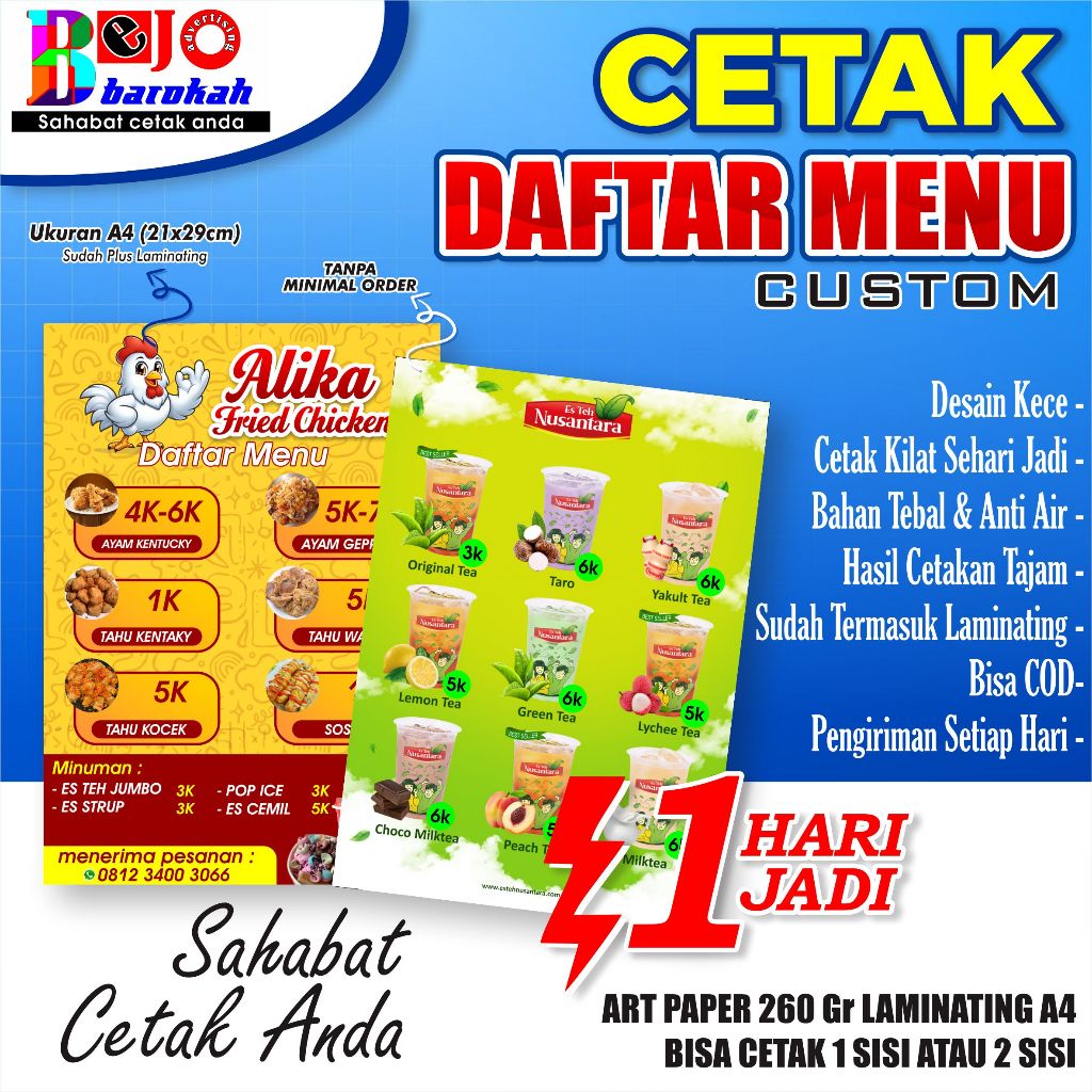 CETAK DAFTAR MENU MAKANAN DAN MINUMAN | DAFTAR MENU CUSTOM | MENU