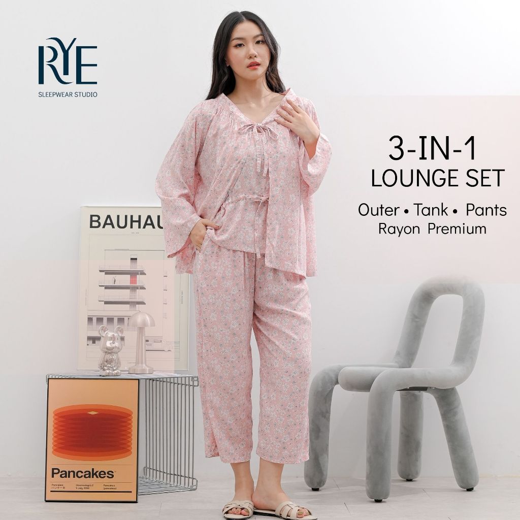 RYE Sleepwear Lounge Set 3in1 Rayon Premium – Outer Tanktop Pants | Baju Tidur Piyama Wanita Elegant