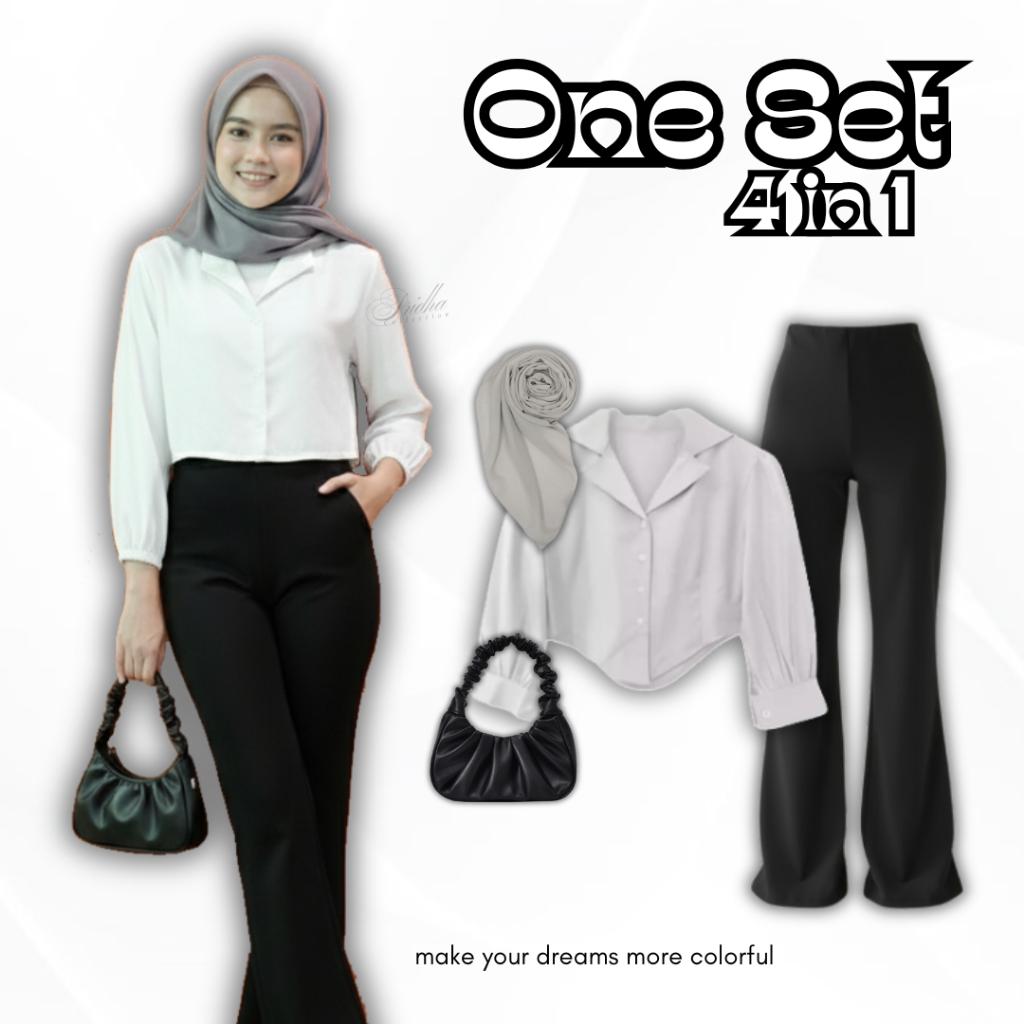 Setelan Baju Crop Wanita ( Kemeja Crop V Neck Lengan Panjang + Celana Scuba Cutbray ) One Set 4in1