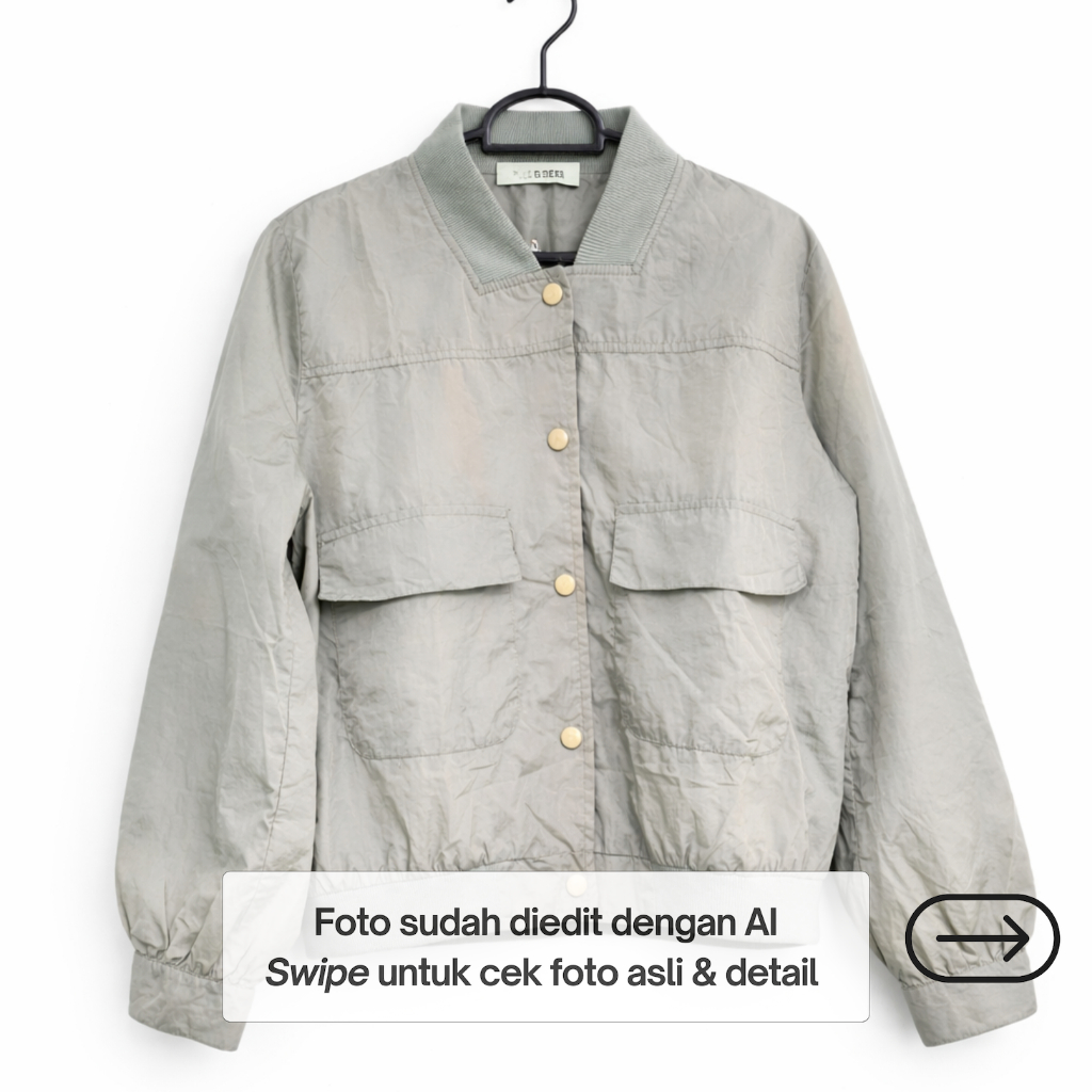 Jaket Bomber Wanita Crop Parasut Pull & Bear Hijau Sage Lengan Panjang Ukuran S-M | Jacket Crop Top 