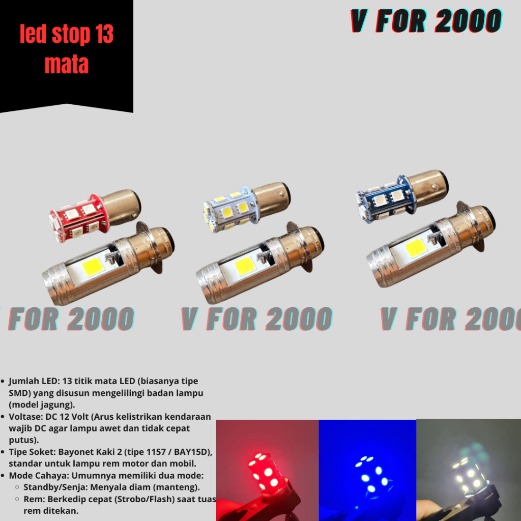 Lampu Stop Rem Motor LED 13 Mat + LAMPU depan AC DC PUTIH