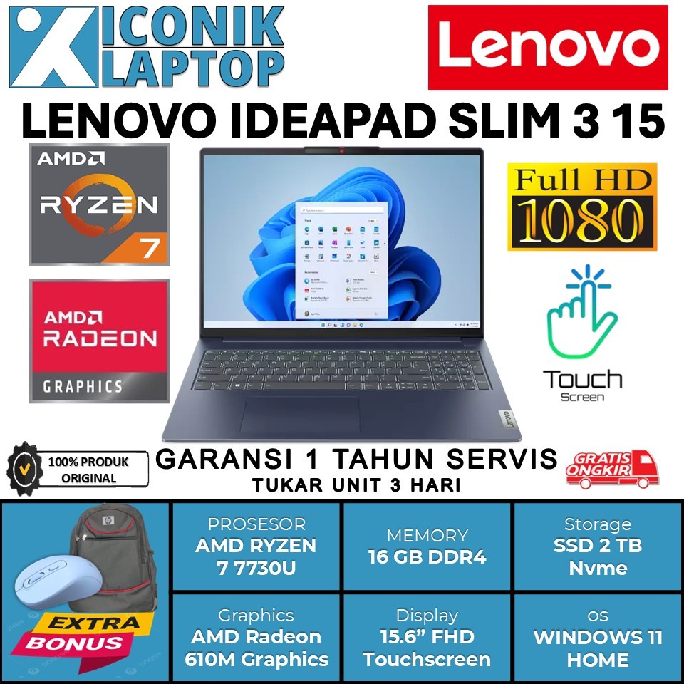 Laptop Touchscreen Lenovo Ideapad Slim 3 15 Amd Ryzen 7 7730U Ram 16GB 2TB Ssd 15.6 Full HD