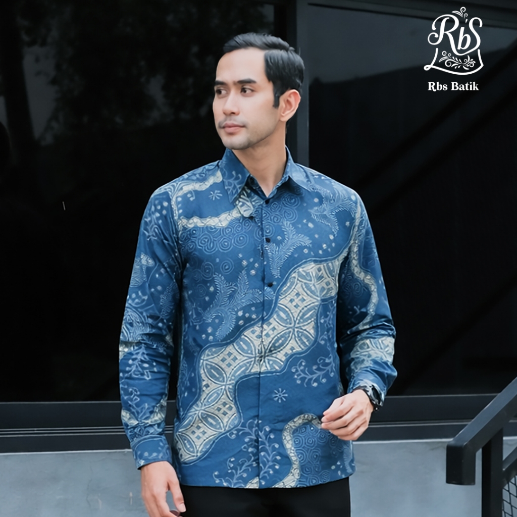 RBS Batik - Kemeja Batik Pria Adimas Slimfit Lapis Furing Warna Biru Kombinasi Cream