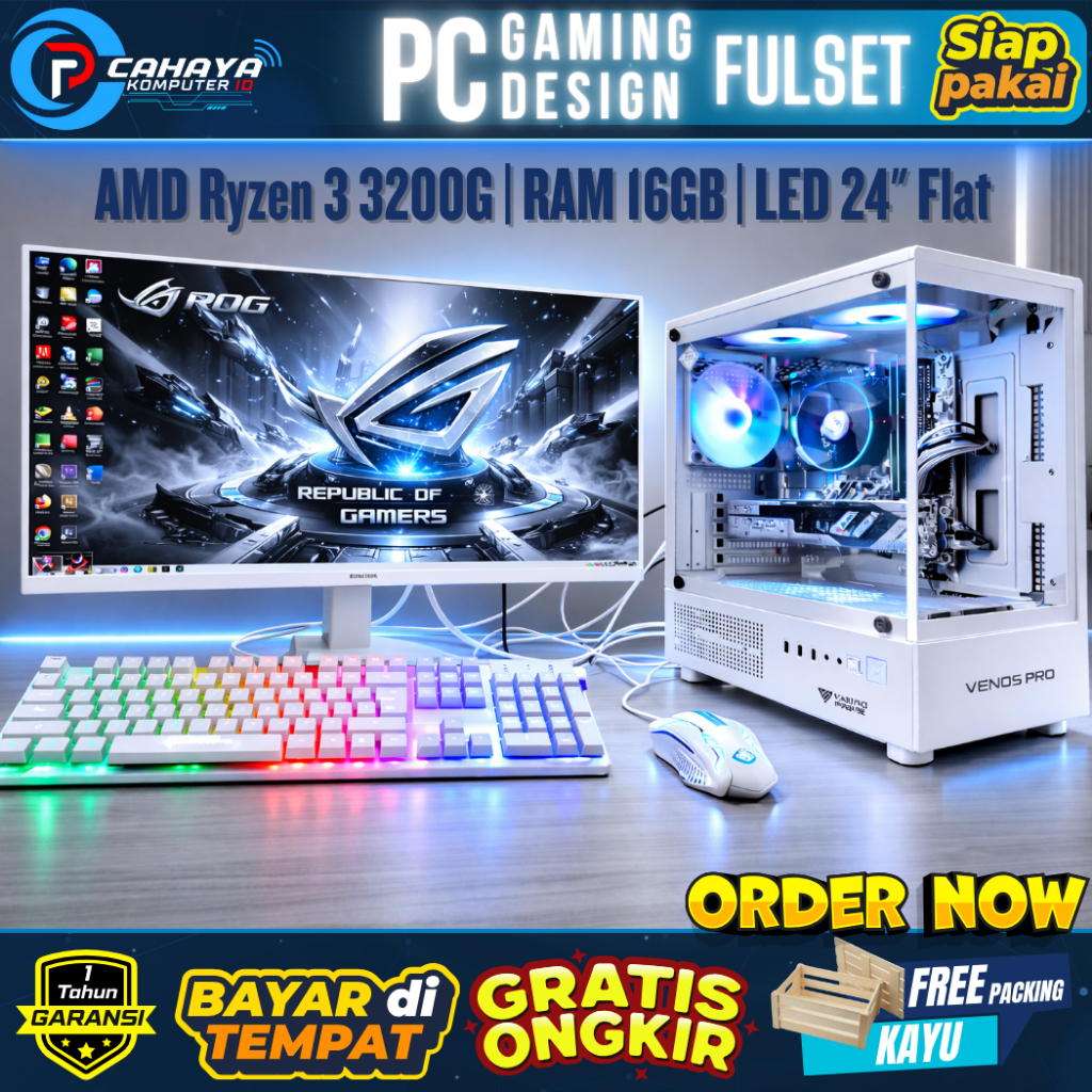 PC Gaming & Design [Full Set] Ryzen 3 3200G | RAM 16GB | SSD+HDD | Monitor 24" White - SIAP PAKAI