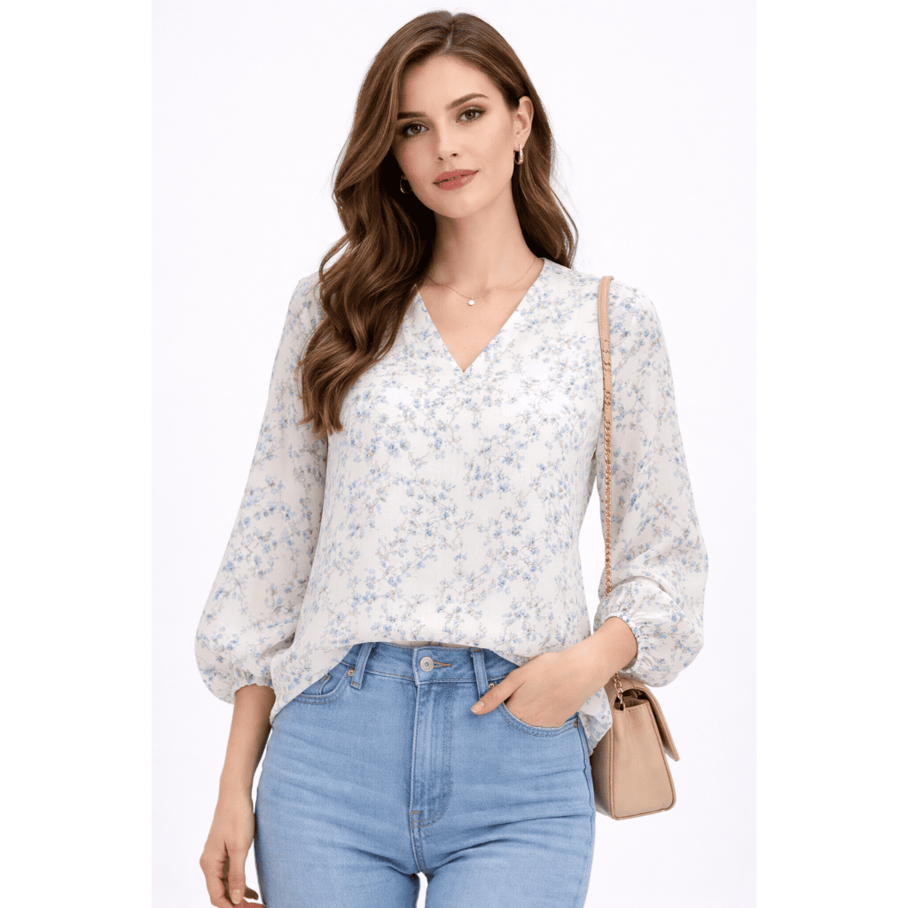 blouse v neck floral blus patino fashion branded wanita