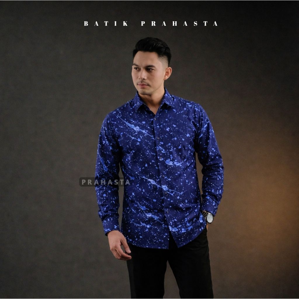Baju Batik CIPRAT Warna Biru Navy Atasan Kemeja Batik Pria Laki-Laki Cowok Bahan Katun Prima Solo Ha