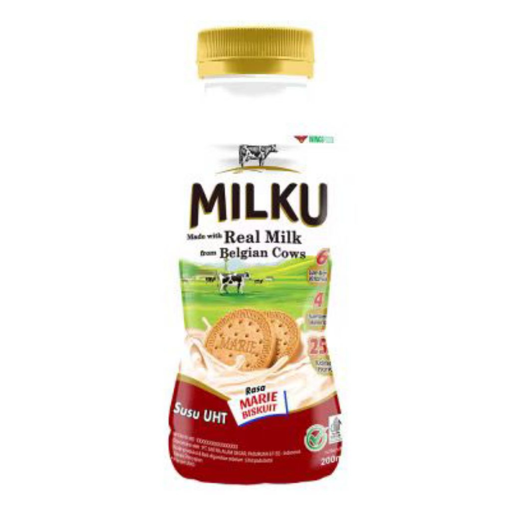 Susu Botol Milku Rasa Coklat, Strawberry, Original, Biskuit Marie -  1 Karton isi 12 Botol 200ml
