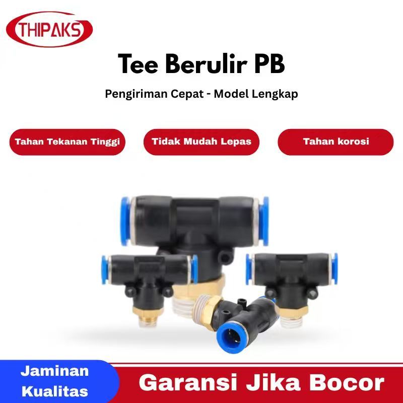Tee Pneumatik 8mm x 1/4 Inch Drat Luar 12.7mm Selang PU 8mm Fitting Pipa