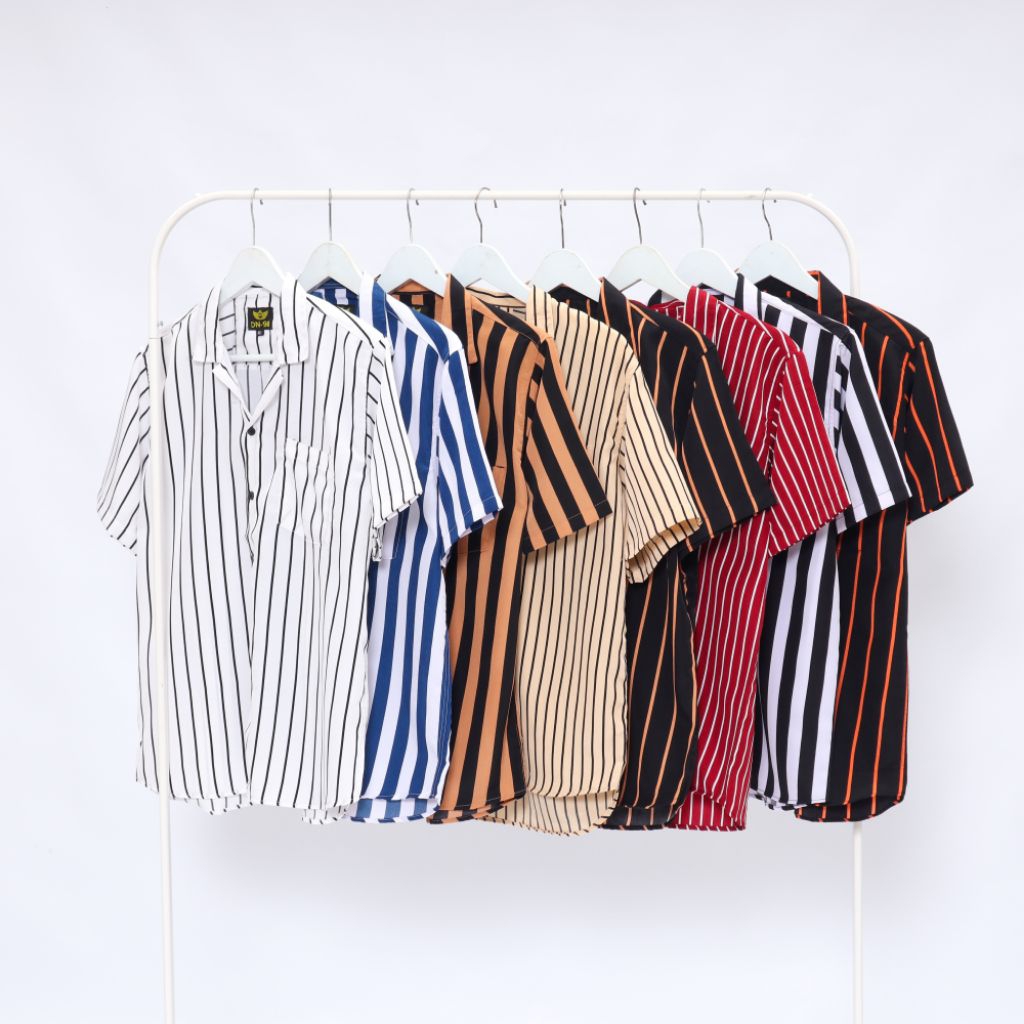 kemeja stripe hawai v-neck pria hem salur garis - garis terlaris kemeja pria lengan pendek premium