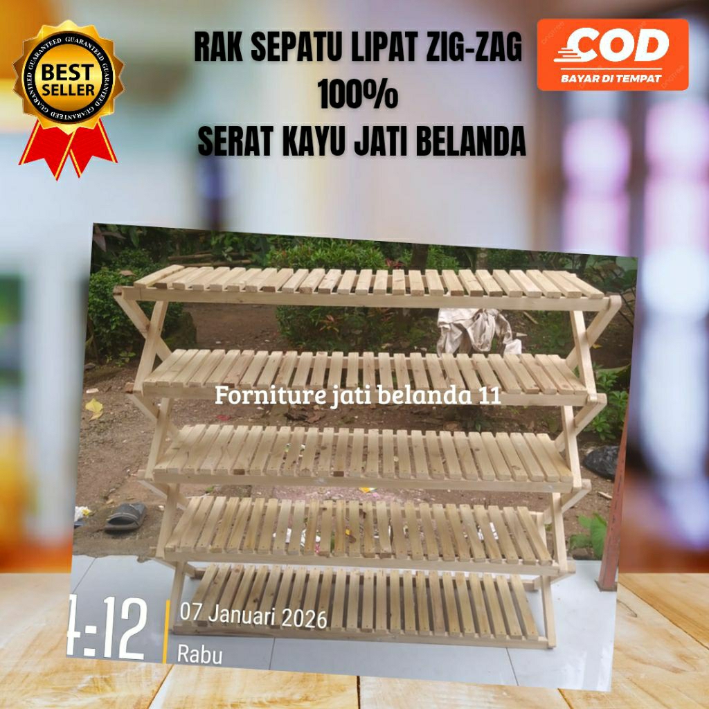 RAK SEPATU ZIG-ZAG/RAK SEPATU LIPAT/RAK SERBAGUNA/RAK MINIMALIS SERAT KAYU JATI BELANDA
