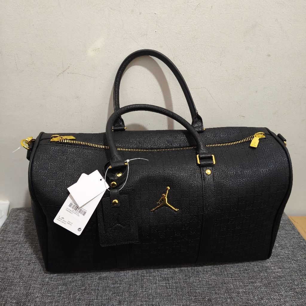 Air Jordan Monogram Duffle Bag Leather Black Gold Logo / Tas Dijamin Original