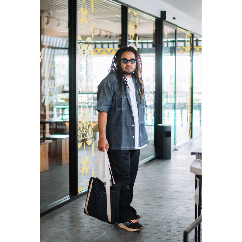 Fatgoods kemeja pendek pria black raw denim cotton