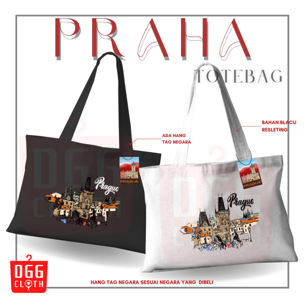 DGGCloth Tote Bag Praha, Totebag Sablon Oleh Oleh Praha Bahan Blacu Dengan Perekat Type 1